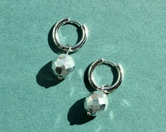 Silver Disco Ball Earrings - Disco Ball Hoop Earrings - Silver Hoops with Disco Ball Charms