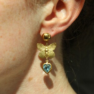 Vintage Brass Butterfly and Austrian Crystal Dangle Drop Earrings Austrian Crystal Heart and Butterfly Stud Earrings image 2