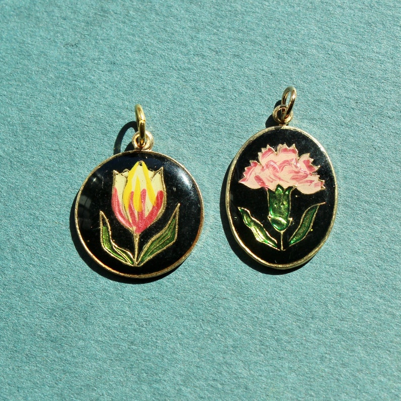 Vintage Floral Cloisonné Hand Painted Charms Vintage Tulip Charm Vintage Chrysanthemum Charm image 1