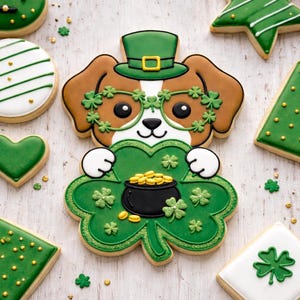 May include: A selection of St. Patrick's Day themed biscuits. The central biscuit is a dog wearing a green hat and shamrock glasses, holding a shamrock with a pot of gold. Other biscuits include green hearts, trees, and squares.