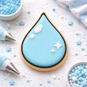 May include: A water droplet-shaped cookie with light blue icing, white accents, and star-shaped sprinkles. The cookie has a black outline and a tan base. Two piping bags and two bowls of sprinkles are also visible.