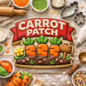 May include: A decorated cookie with the words "Carrot Patch" in white on a red banner. The cookie features three orange carrots with green tops, a brown patch of soil, and a wooden sign. Other cookies and baking supplies are in the background.