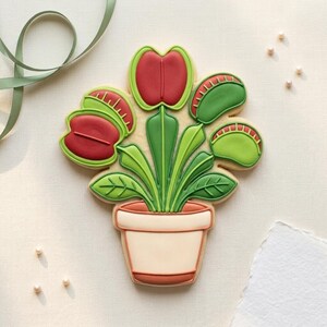 May include: A decorated cookie shaped like a potted Venus flytrap plant. The cookie features a light beige pot, green stems and leaves, and several trap heads in shades of red and green with visible teeth along the edges of the trap openings.