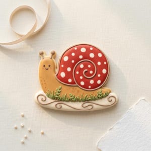 May include: A whimsical snail-shaped cookie with a red shell dotted with white circles. The snail has a tan body and is decorated with green grass and a smiling face. The cookie rests on a white, swirly base.
