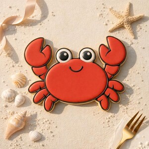 May include: A red crab-shaped cookie with black outlines and white and black eyes. The cookie is surrounded by seashells, a starfish, and a gold fork on a sandy surface. A beige ribbon is in the upper left corner.