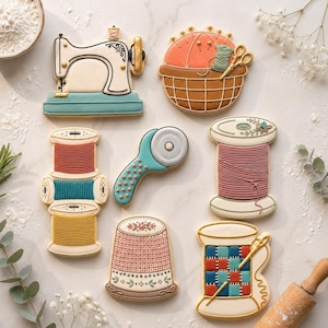 Peut inclure: Une collection de biscuits décorés en forme d'articles de couture. Les biscuits comprennent une machine à coudre, un panier avec un coussin à épingles, des bobines de fil, un cutter rotatif, un dé à coudre et une bobine avec une aiguille.