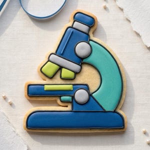 May include: A microscope-shaped sugar cookie with blue, teal, gray, and green icing. The cookie has a light brown base and is decorated with detailed icing, resembling a scientific instrument. The design includes a base, arm, and ocular lens.