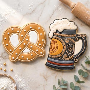 May include: Two decorated biscuits: a pretzel and a beer stein. The pretzel is brown with white and brown accents. The beer stein biscuit is black, gold, and white, with the year 1893 on it. A wooden rolling pin is in the background.