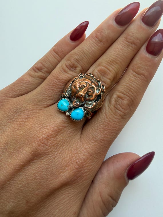 Vintage Running Bear Trading Kingman Turquoise Bear Ring | Copper & Sterling Statement Ring