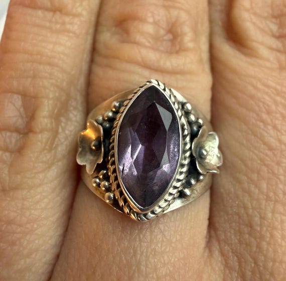 Purple Stone Statement Ring – Sterling Silver Flo… - image 1