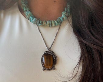 Vintage Sterling Silver Tiger’s Eye Pendant Necklace | Southwestern Statement Pendant
