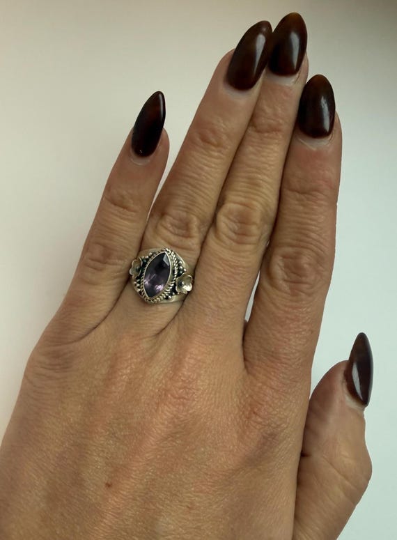 Purple Stone Statement Ring – Sterling Silver Flo… - image 5