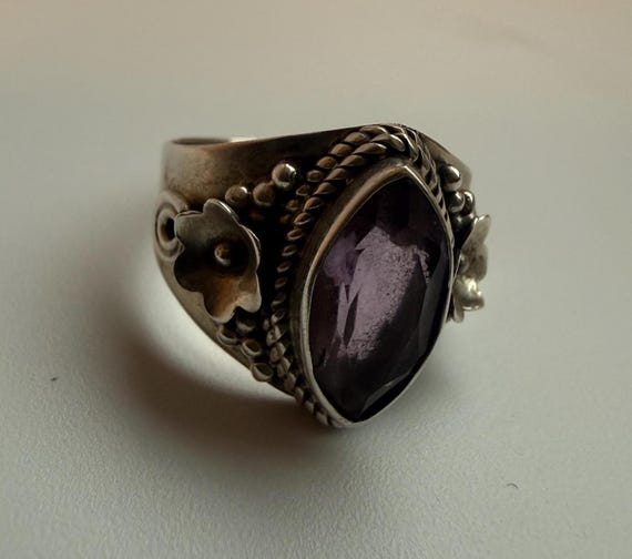 Purple Stone Statement Ring – Sterling Silver Flo… - image 2