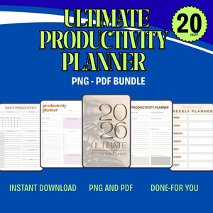Op de afbeelding: Een digitale plannerbundel met de tekst "ULTIMATE PRODUCTIVITY PLANNER" in een vetgedrukte lettertype. De afbeelding bevat verschillende plannerpagina's, een omslag met het jaar "2026" en de tekst "PNG - PDF BUNDLE". De afbeelding bevat ook de tekst "INSTANT DOWNLOAD" en "DONE-FOR YOU".