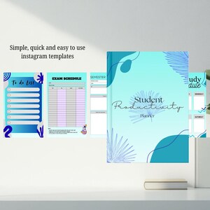 May include: A student planner with a light blue cover and the words "Student Productivity Planner". The image also shows to-do lists, exam schedules, and semester templates. The text "Simple, quick and easy to use instagram templates" is also visible.
