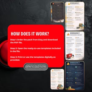 May include: A digital emergency preparedness checklist with a red and white graphic. The checklist includes sections for water and food, first aid, and home safety. The image also includes instructions on how to download the PDF file.