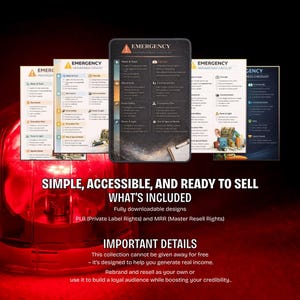 Może przedstawiać: Listy kontrolne gotowości na wypadek sytuacji kryzysowych z tekstem "EMERGENCY PREPAREDNESS CHECKLIST". Obraz zawiera tekst "SIMPLE, ACCESSIBLE, AND READY TO SELL" i "WHAT'S INCLUDED". Listy kontrolne mają na celu generowanie realnego dochodu.