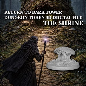 May include: An image promoting a 3D digital file for a dungeon token, "The Shrine." The image features a wizard with a staff walking towards a path. A gray, tree-like shrine is in the foreground. Text reads "Return to Dark Tower Dungeon Token 3D Digital File The Shrine."