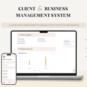 Peut inclure: Un ordinateur portable et un smartphone affichent une interface de système de gestion de clients et d'entreprises. L'écran montre des graphiques et des données, avec le texte "Client & Business Management System" en haut. Le système gère clients, projets et finances.