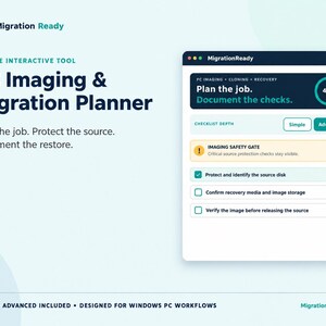 Puede incluir: Una interfaz digital para el planificador de migración e imágenes de PC Migration Ready, que presenta una lista de verificación con opciones de profundidad simple o avanzada, una puerta de seguridad de imágenes e indicadores.