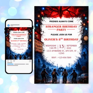 May include: A digital birthday party invitation template featuring a dark, atmospheric forest scene with four children on bicycles, a red monster silhouette, and string lights. Text includes "FRIENDS ALWAYS COME STRANGER BIRTHDAY PARTY" and "OLIVER'S 8TH BIRTHDAY".