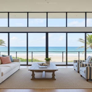 May include: A bright, modern living room with a view of the ocean. Features a white sofa with colorful pillows, two striped armchairs, a wooden coffee table, and a large window. The room is decorated with plants and a neutral rug.