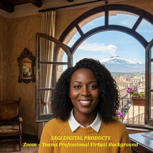 May include: A woman wearing a yellow sweater and white collared shirt smiles in front of a window with a view of a mountain and town. The text "SAGI DIGITAL PRODUCTS" and "Zoom - Teams Professional Virtual Background" is visible.