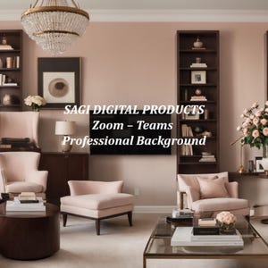 Bibliothèque de luxe avec fond zoom professionnel rose pour salon : toile de fond virtuelle pour réunion Bureau à domicile