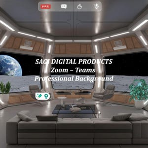 Fondo virtual profesional de base lunar de ciencia ficción, oficina de estación espacial futurista para Zoom y Teams
