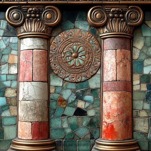 May include: An artistic rendering of four ornate columns with detailed capitals and bases. The columns are made of stone blocks in shades of red, white, and brown. The background features a mosaic of teal, green, and blue tiles, with a central circular relief.