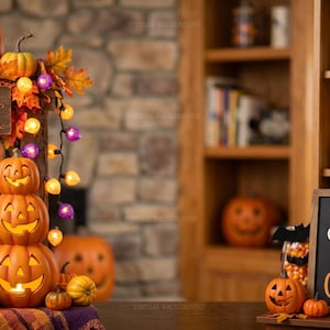 Puede incluir: Una decoración de Halloween con calabazas apiladas, luces y letreros de madera que dicen Happy Halloween. Una pizarra muestra Spooky Season Celebration, acompañada de figuras de fantasmas, frascos de dulces y hojas de otoño.
