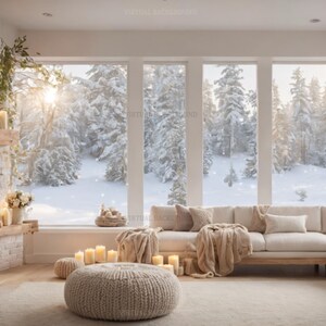 May include: A cozy living room scene with a fireplace, candles, and a large sectional sofa. The room has a neutral color palette with a view of a snowy forest through large windows. A knitted ottoman sits on a rug.