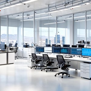 Puede incluir: Interior de oficina moderno con múltiples estaciones de trabajo. Cada estación de trabajo tiene múltiples monitores de computadora que muestran gráficos de datos azules. La habitación tiene escritorios blancos, sillas negras y grandes ventanas.