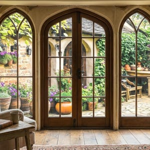 May include: Interior view of a room with arched windows and wooden doors overlooking a garden. A beige armchair, small wooden table, and fireplace are visible. The garden features potted plants and a stone patio.