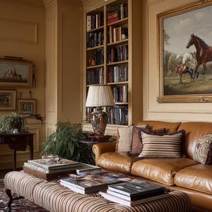 May include: A luxurious living room with a brown leather sofa, a large painting of horses, and a dark wooden desk. The room features a striped ottoman, a bookshelf, and a window with natural light.