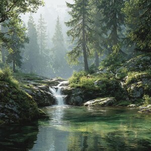 Könnte beinhalten: Eine Waldlandschaft mit einem kleinen Wasserfall, der über moosbewachsene Felsen in ein klares, türkisfarbenes Becken fließt. Hohe Nadelbäume umgeben das Wasser, während Sonnenlicht durch das Blätterdach dringt und eine sanfte, dunstige Atmosphäre erzeugt.