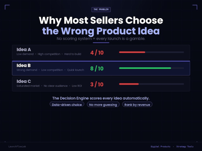 May include: A dark blue graphic with the text "Why Most Sellers Choose the Wrong Product Idea." It shows three product ideas with scores and progress bars. The text "The Decision Engine scores every idea automatically" is also present.