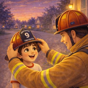 May include: A heartwarming illustration depicts a firefighter placing a helmet on a child. The helmet is orange with a black badge that reads "Firefighter 9". The firefighter wears a yellow uniform with reflective stripes. The background shows a neighborhood at dusk.