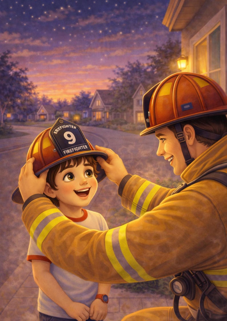 May include: A heartwarming illustration depicts a firefighter placing a helmet on a child. The helmet is orange with a black badge that reads "Firefighter 9". The firefighter wears a yellow uniform with reflective stripes. The background shows a neighborhood at dusk.