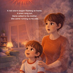 May include: Illustration of a child and mother reacting to a red alarm. The child is holding a toy fire truck. Text on the image reads: "A red alarm began flashing at home. A siren rang out. Deniz called to his mother. She came running to his side."