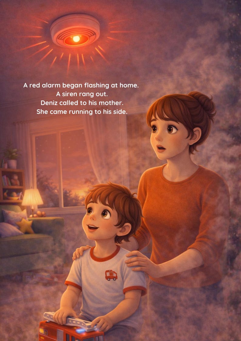 May include: Illustration of a child and mother reacting to a red alarm. The child is holding a toy fire truck. Text on the image reads: "A red alarm began flashing at home. A siren rang out. Deniz called to his mother. She came running to his side."