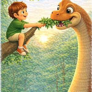 May include: A digital illustration depicts a young child sitting on a tree branch, offering leaves to a friendly, cartoon-like dinosaur. The scene is set in a lush green forest with a bright sun in the background. The child wears a green shirt and shorts.