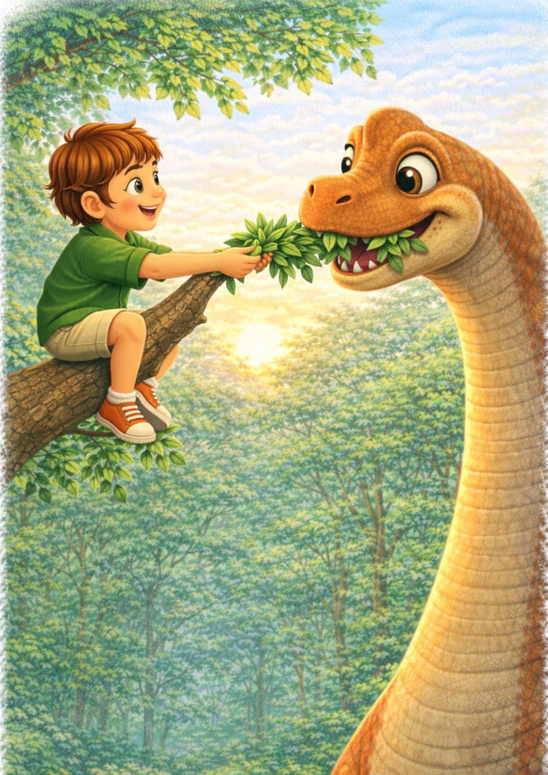 May include: A digital illustration depicts a young child sitting on a tree branch, offering leaves to a friendly, cartoon-like dinosaur. The scene is set in a lush green forest with a bright sun in the background. The child wears a green shirt and shorts.