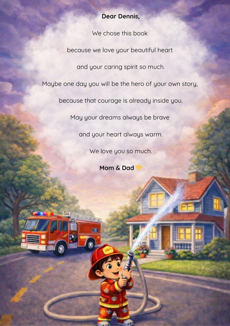 May include: An illustrated scene depicts a young firefighter aiming a hose at a house. A red fire truck is parked nearby. The image includes text that reads "Dear Dennis, We chose this book... We love you so much. Mom & Dad."