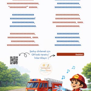 May include: A children's illustration featuring a red fire truck and a young firefighter spraying water. Text at the top reads, "Let's sing the fire truck song together!" with song lyrics in red and blue.