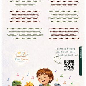May include: A colorful illustration featuring a child singing into a microphone with three dinosaur friends. The image includes musical notes, text, and a QR code to scan for a song. The background is white.