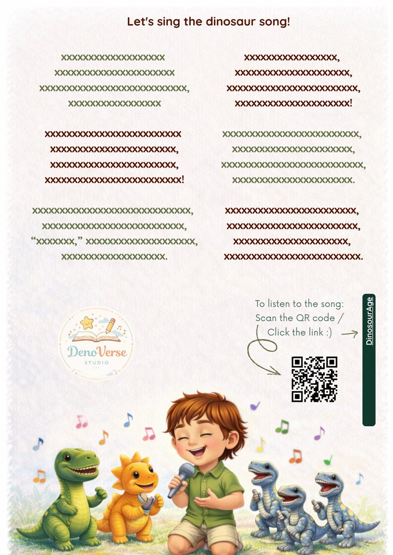 May include: A colorful illustration featuring a child singing into a microphone with three dinosaur friends. The image includes musical notes, text, and a QR code to scan for a song. The background is white.
