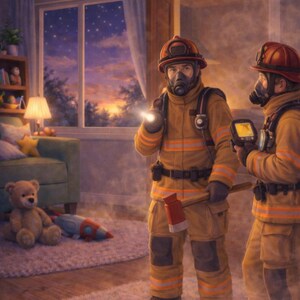 May include: Two firefighters in orange protective gear with helmets and respirators stand in a smoky room. One holds a flashlight, the other a device. An axe is visible. A teddy bear and toy rocket are on the floor.