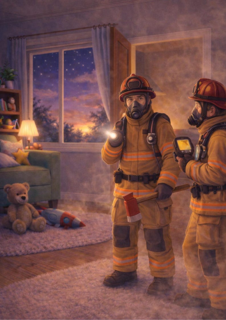 May include: Two firefighters in orange protective gear with helmets and respirators stand in a smoky room. One holds a flashlight, the other a device. An axe is visible. A teddy bear and toy rocket are on the floor.