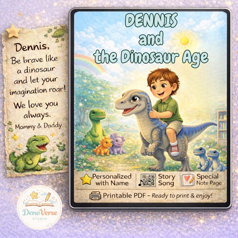 May include: A digital illustration of a children's book cover titled "DENNIS and the Dinosaur Age." The cover features a boy riding a blue dinosaur, with other colorful dinosaurs. Text includes "Personalized with Name" and "Printable PDF."